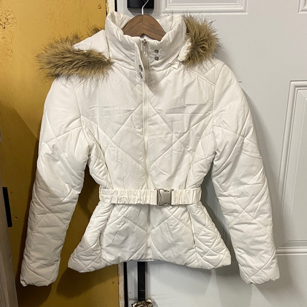 Krush White Quilted Ski Jacket with Faux Fur Trim